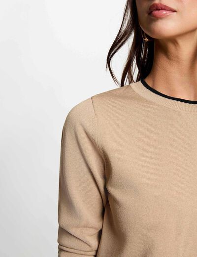 Pull col rond manches longues beige femme