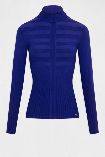 Pull manches longues col roulé bleu moyen femme