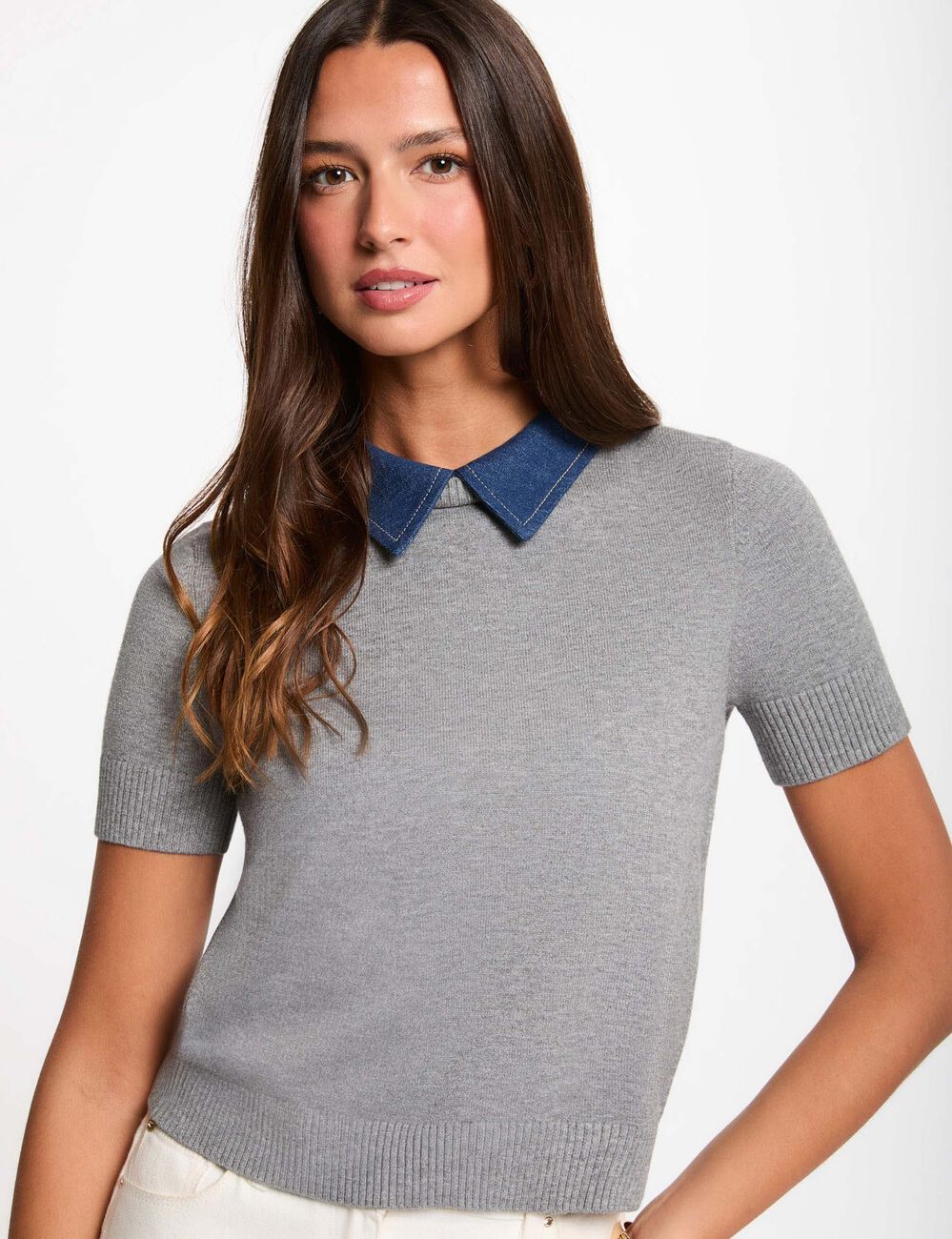 Pull col &agrave; revers gris clair femme