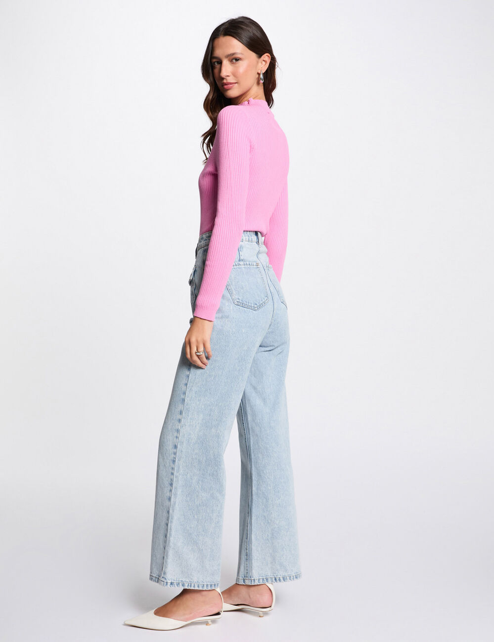 Pull col montant côtelé rose femme