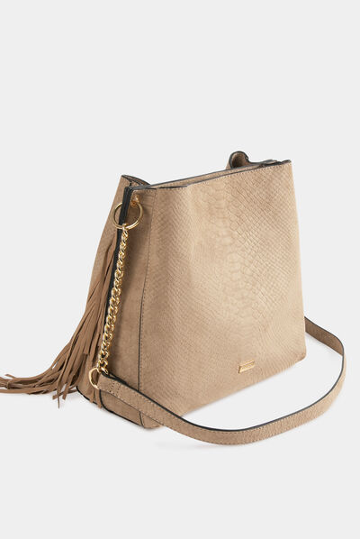 Sac seau à franges aspect python beige femme