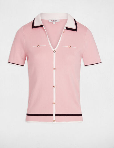 Pull col polo manches courtes rose poudrée femme