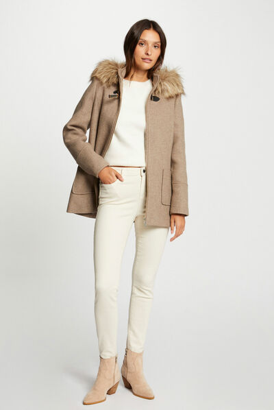 Manteau droit capuche imitation fourrure beige femme