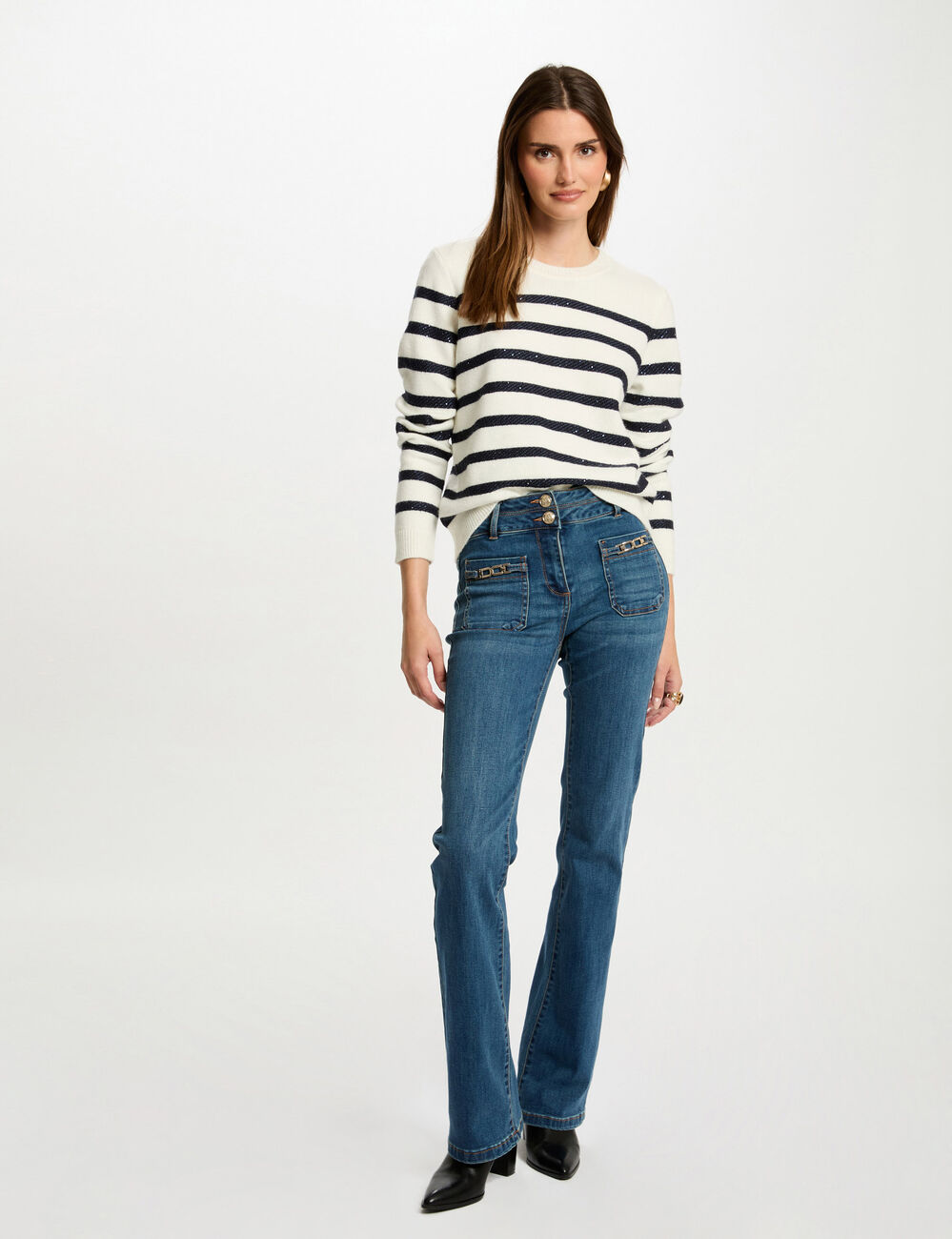 Pull col rond à rayures ecru femme