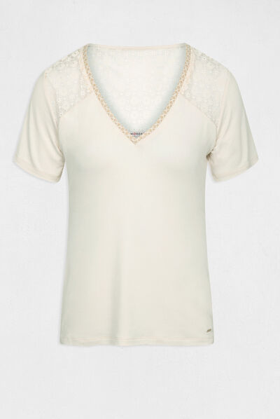 T-shirt manches courtes à dentelle ivoire femme