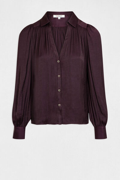 Chemise manches longues satin prune femme