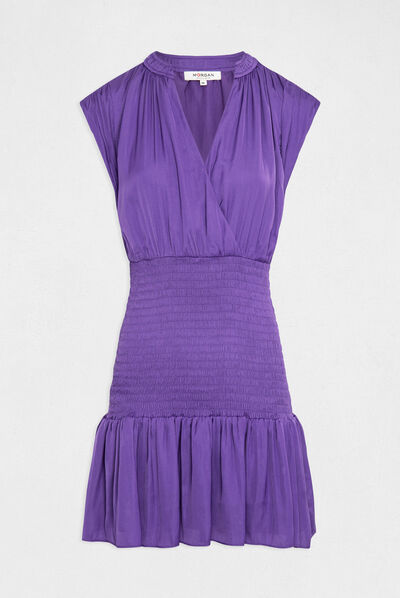 Robe ajustée smockée satin sans manches violet femme