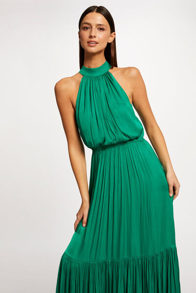 Robe longue évasée fluide vert femme