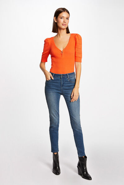 Jeans slim 7/8ème avec bandes jean stone femme