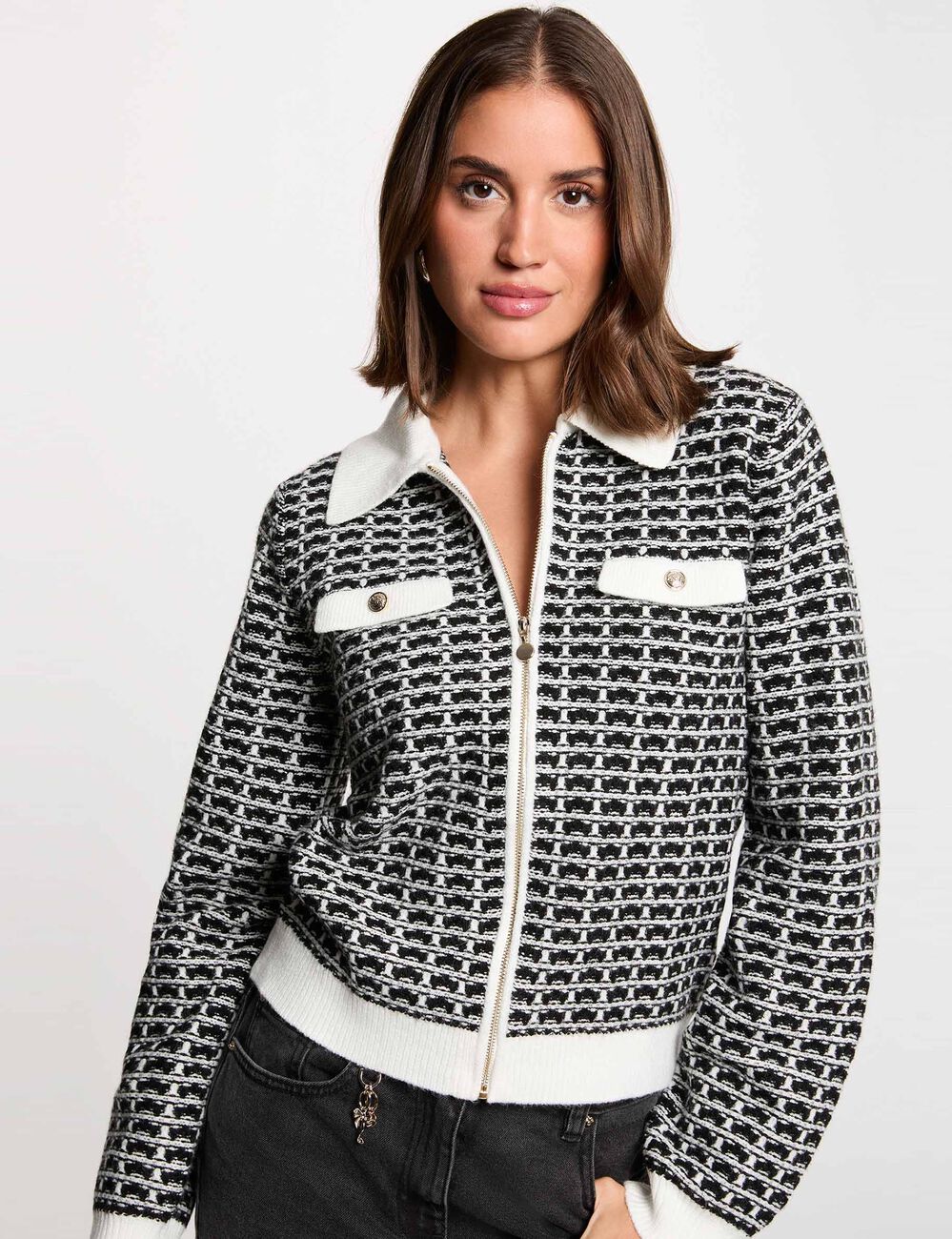 Veste jacquard chevron noir femme