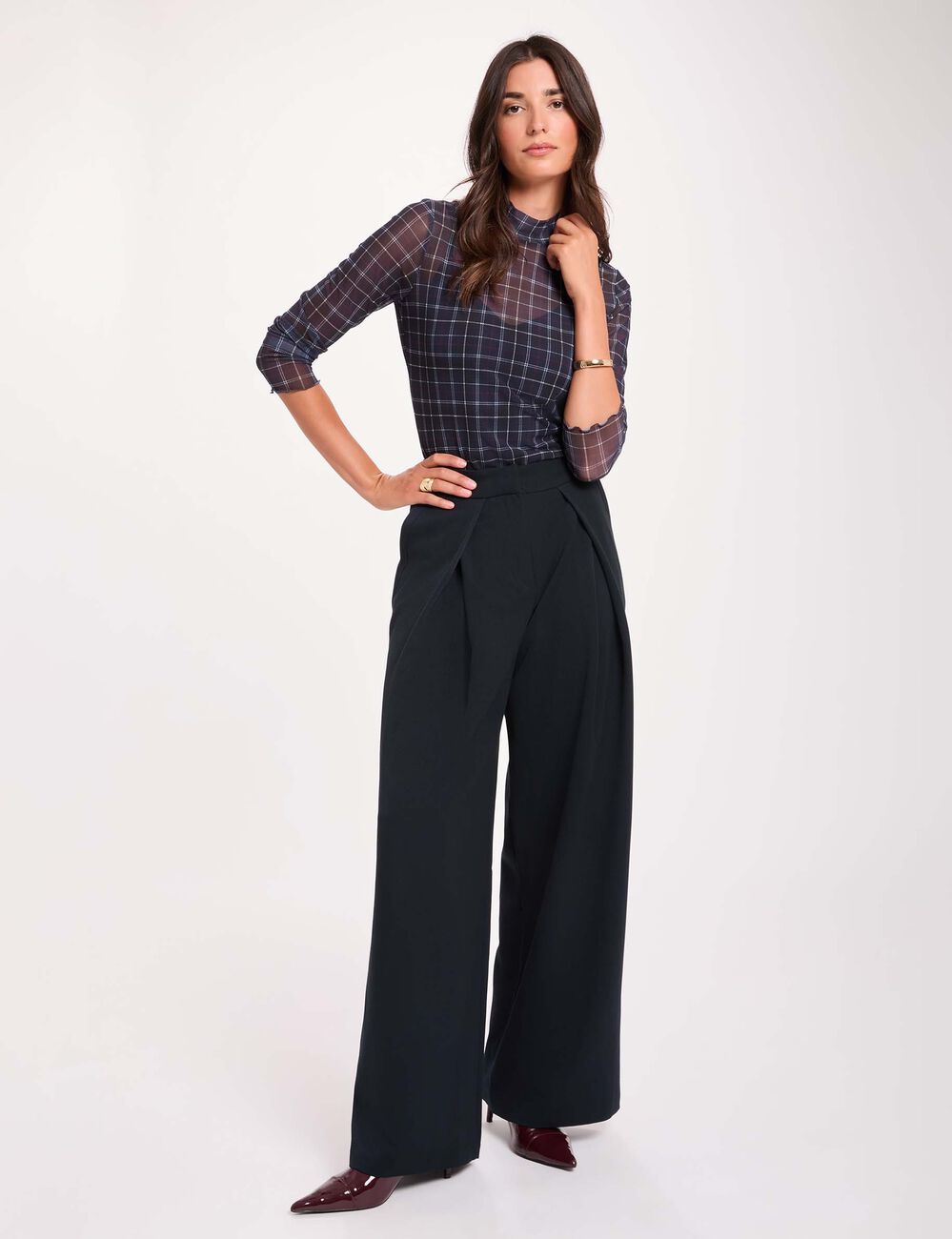 Pantalon large &agrave; plis bleu marine femme