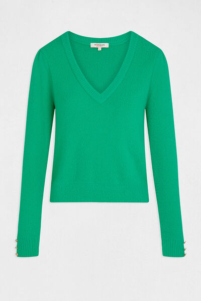 Pull manches longues avec col en V vert moyen femme