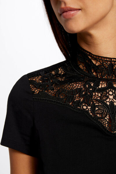 T-shirt manches courtes à dentelle noir femme
