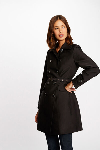 Trench droit boutonné et ceinturé noir femme