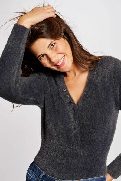 Pull manches longues à col en V gris anthracite femme