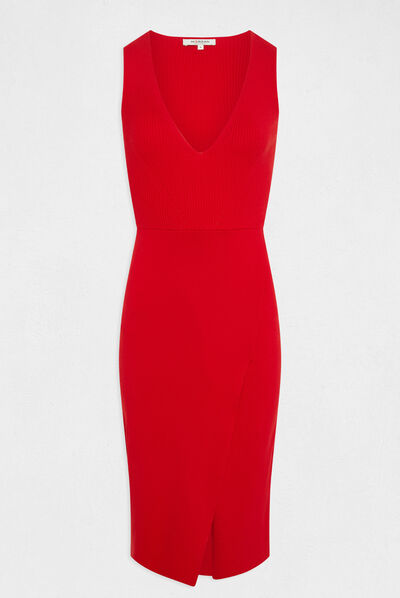 Robe pull midi ajustée col en V rouge femme
