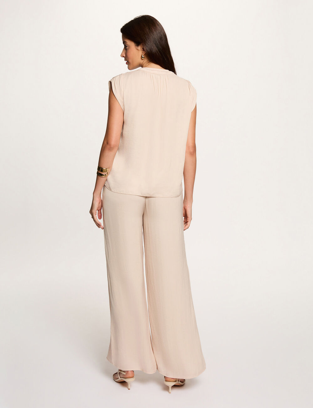 Blouse manches courtes satin beige clair femme