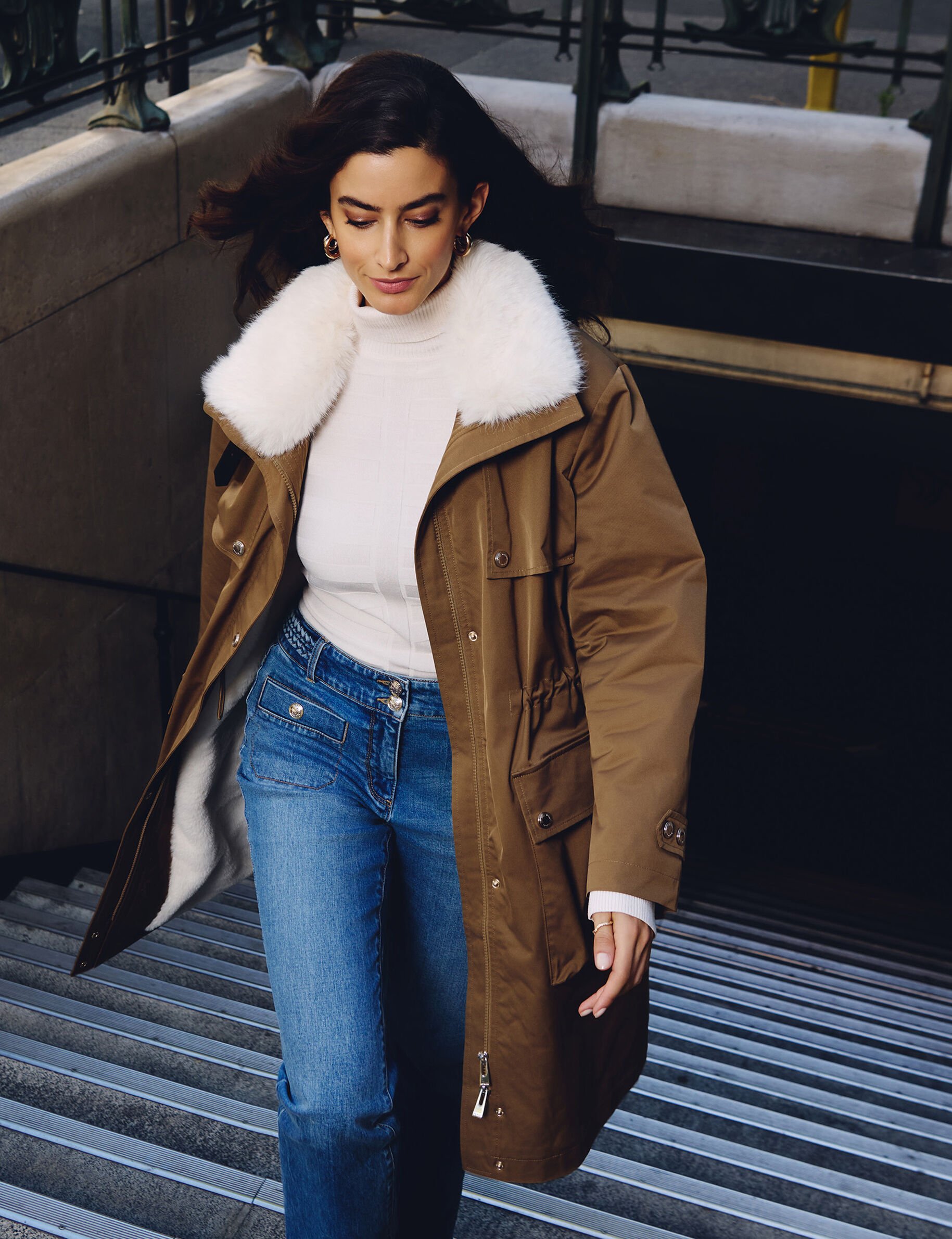 Parka longue ajustable camel femme