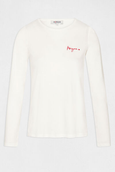 T-shirt manches longues à détails brodés ecru femme