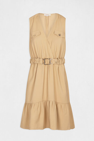 Robe droite fluide ceinturée camel femme