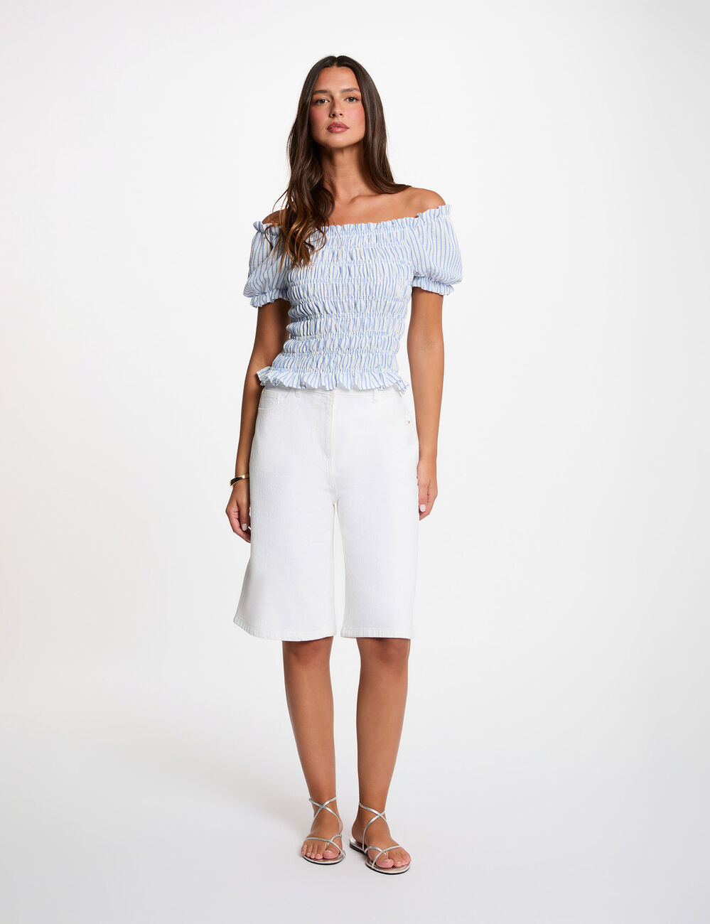 Blouse ray&eacute;e bardot bleu ciel femme