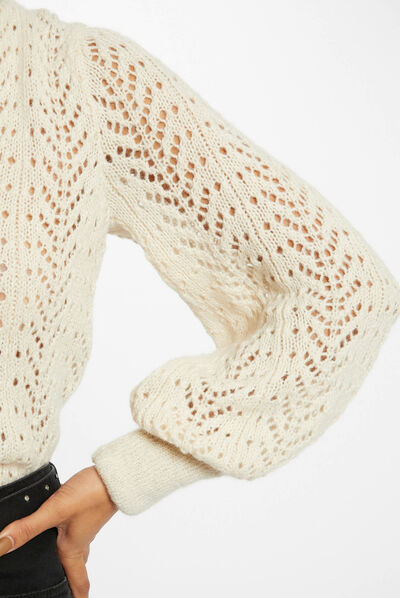 Pull manches longues à détails ajourés ivoire femme