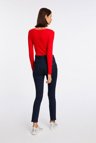 Pull manches longues à col en V rouge femme