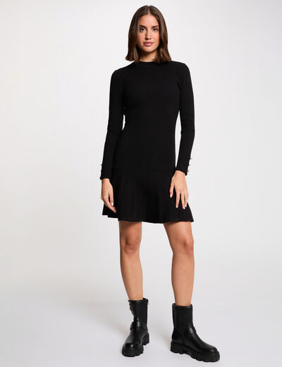 Robe tricot courte col rond noir femme