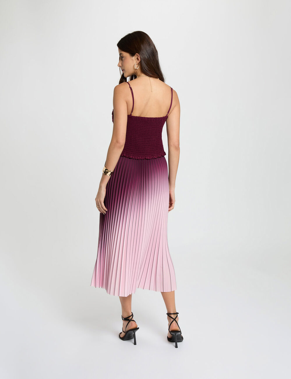 Jupe longue pliss&eacute;e prune femme