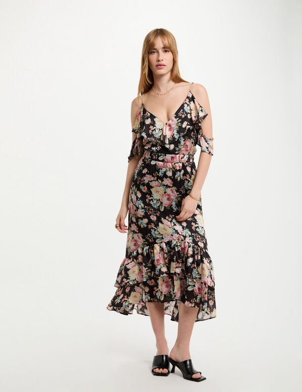 Jupe midi volants imprimée multicolore femme
