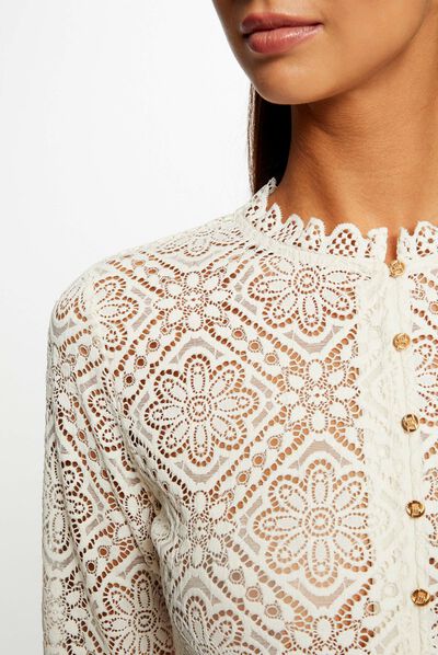 T-shirt manches longues en dentelle ivoire femme