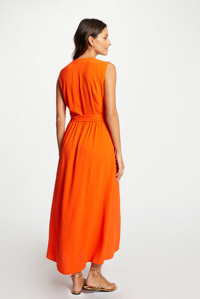 Robe longue portefeuille sans manches orange femme