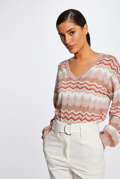 Pull manches longues imprimé chevron vieux rose femme