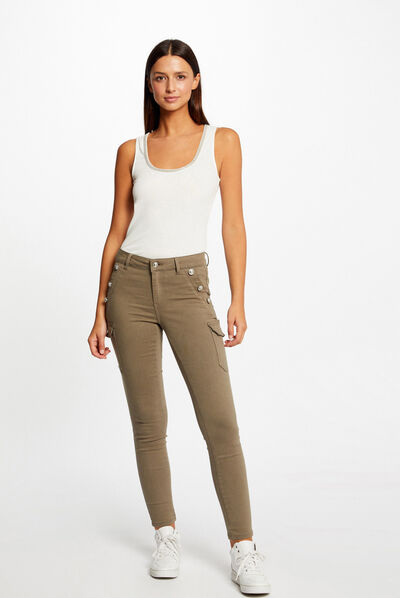 Jeans cargo skinny à ponts vert kaki femme