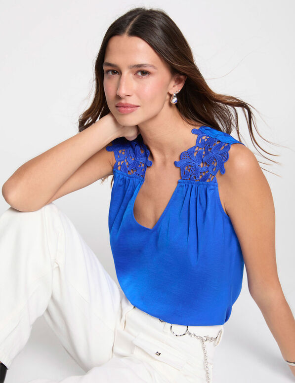 Top sans manches dentelle bleu electrique femme