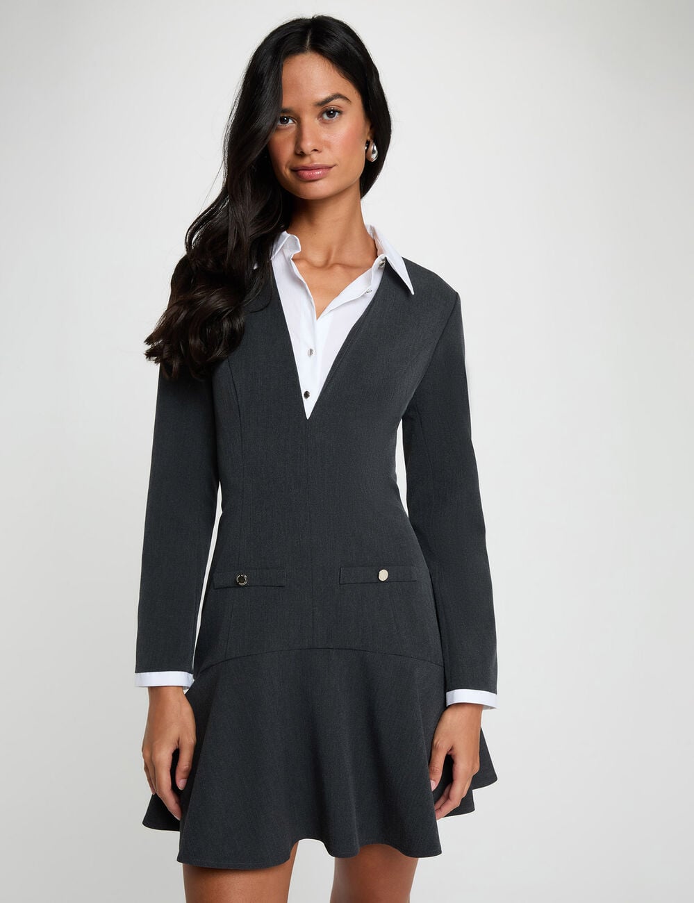 Robe courte col &agrave; revers gris clair femme