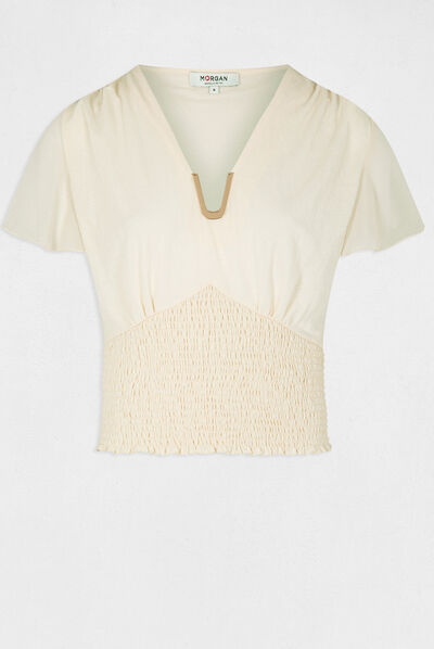 T-shirt manches courtes smocké ecru moyen femme