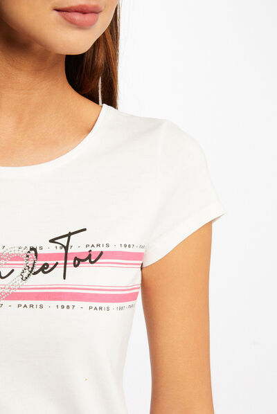 T-shirt manches courtes à inscription fuchsia femme
