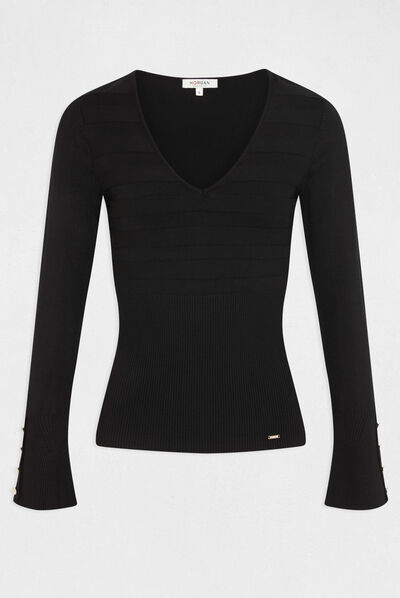 Pull manches longues avec col en V noir femme