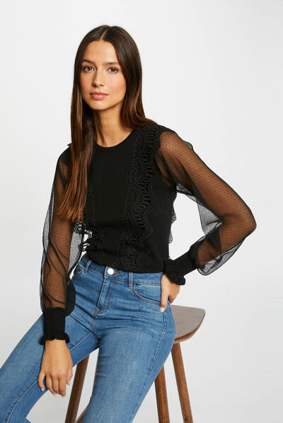 Pull manches longues en plumetis noir femme