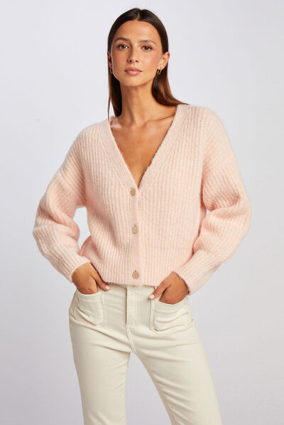 Gilet droit boutonné col en V rose femme