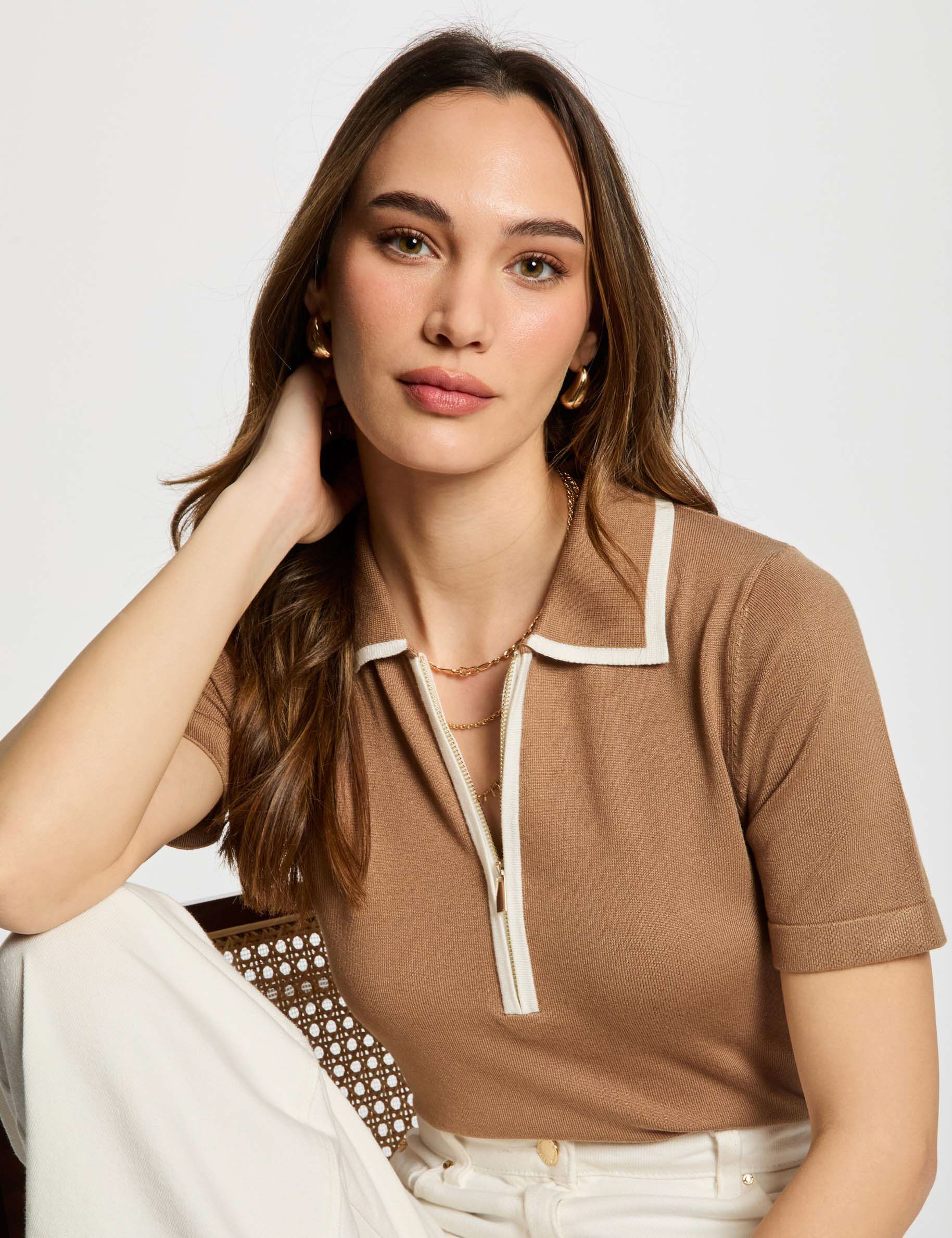 Pull col polo zippé sable femme - Morgan - Modalova