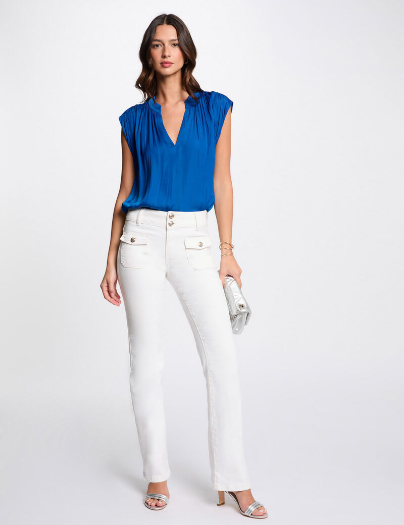 Blouse manches courtes satin bleu electrique femme