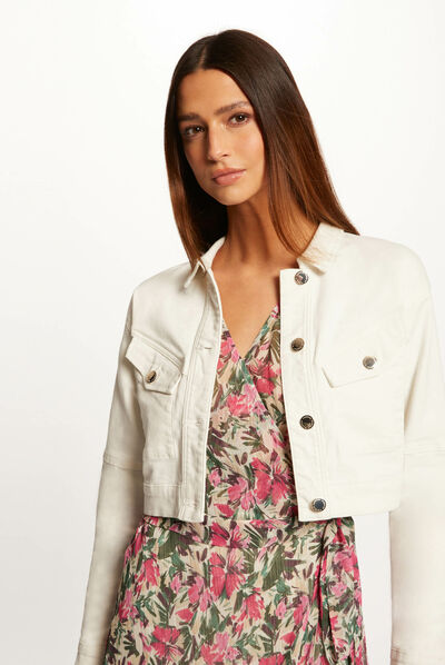 Veste droite boutonnée en jean ecru femme