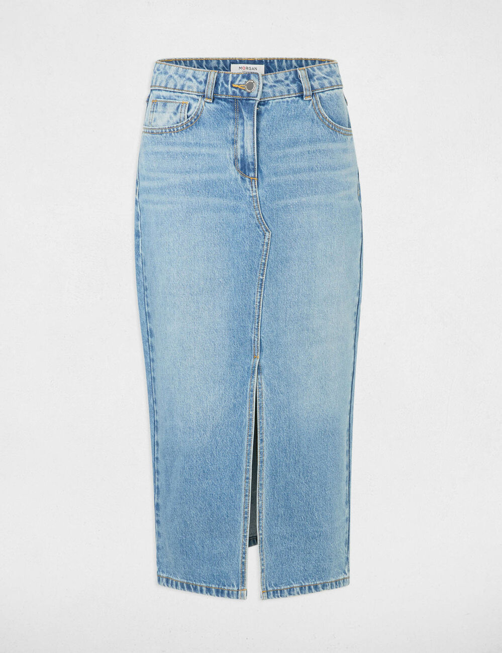 Jupe midi droite en jean denim stone femme