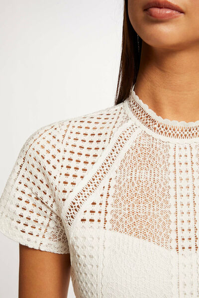 T-shirt manches courtes à dentelle ecru femme