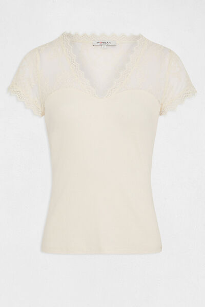 T-shirt manches courtes à dentelle ecru femme