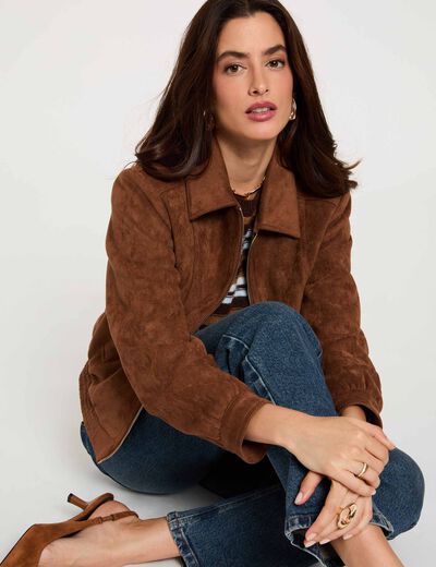 Blouson su&eacute;dine marron cognac femme