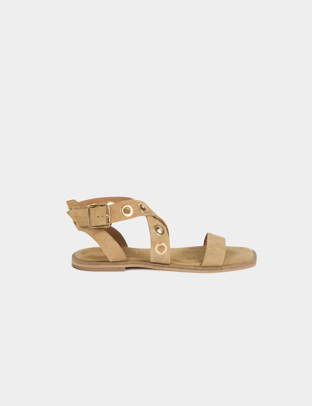 Sandale plates en cuir su&eacute;dine beige femme