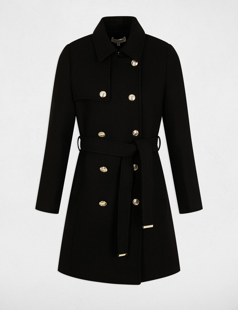Manteau long ceintur&eacute; noir femme